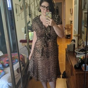 Sheer Chiffon Leopard Print Belted Midi Dress